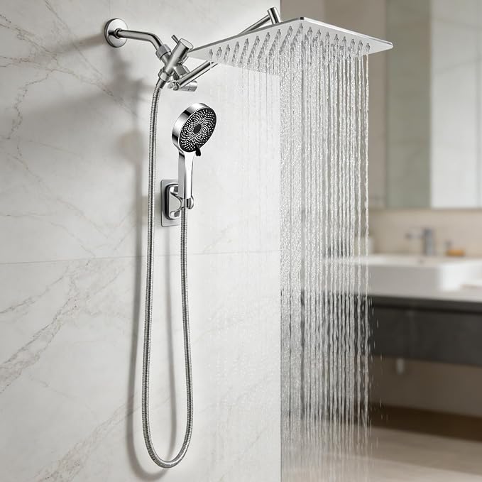 Shower Head,10”Rain Shower Head with Handheld Spray Combo with 11'' Angle Adjustable Extension Arm/Flow Regulator/Shower System,High Pressure Rainfall Shower Head Clean Bathroom,Matt Black