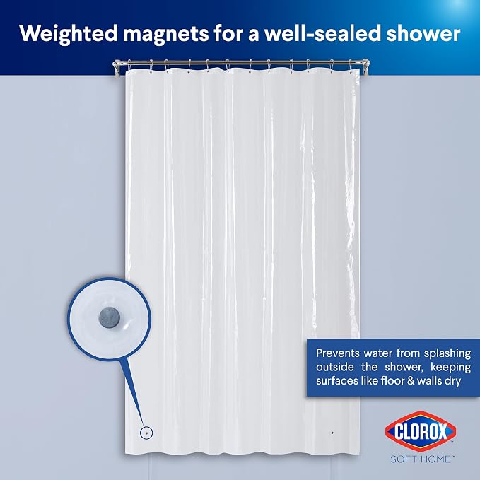 Clorox Shower Curtain Liner, Premium Medium-Weight Durable Waterproof 6g PEVA for Bathroom with Weighted Magnets, Extra Long 72" x 84", Clear 1 Pack