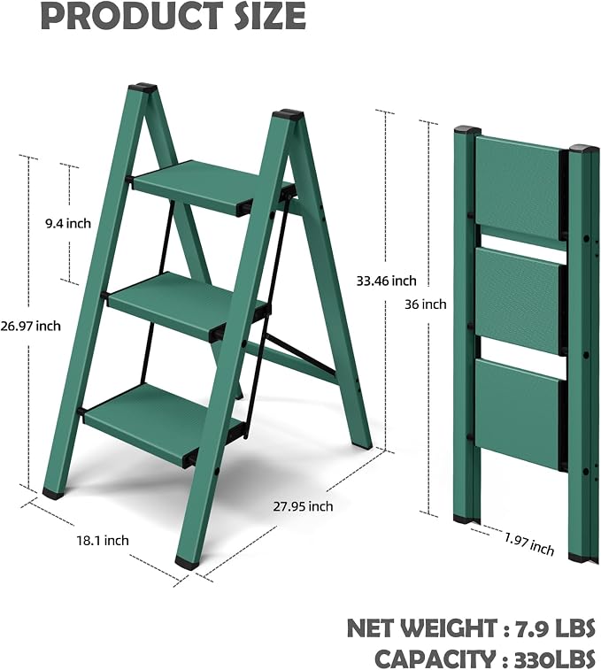 Taranta 3 Step Stool Foldable,Aluminum Step Ladder-Green | Lightweight,Wide Anti-Slip Pedals,Folding Step Stool,330lbs Capacity Stepladder for Household,Kitchen,Office