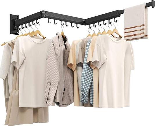 Wall Mounted Tri-Fold Clothes Drying Rack, Heavy Duty Collapsible Laundry Drying Rack, Space-Saving Retractable Foldable Drying Rack Clothes for Laundry Room Balcony Bathroom,Black-Hooks
