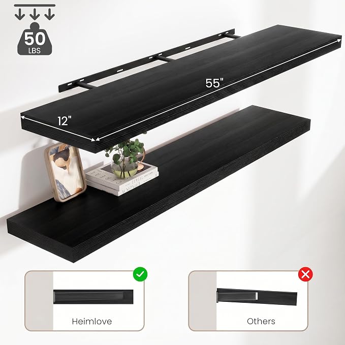 12 Deep Floating Shelves for wall,55 Inch Extra Long Large Wall Shelves Set of 2,2 Inch Thick Heavy Duty Floating Wall Mounted Shelves,Floating Shelf for Fireplace Mantel,Black