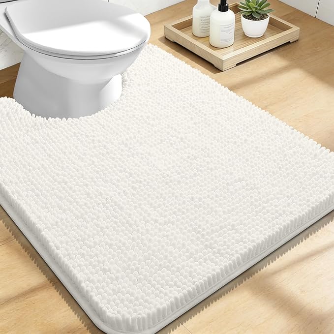 OLANLY Toilet Rugs U-Shaped 24x20, Soft Absorbent Chenille Contour Rugs | Ivory, Quick-Drying Rubber Backing, Machine Washable Non-Slip Shaggy Bathroom Mat for Toilet, Home Decor Accessories
