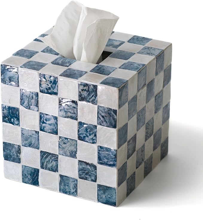 5.5" Capiz Square Tissue Box Cover, Cube Tissue Holder, Navy | Bottom Slider, Checkered Pattern, Navy Blue Tissue Box Cover For Kleenex, Decorative Tissue Box Cover, Bathroom Accessories