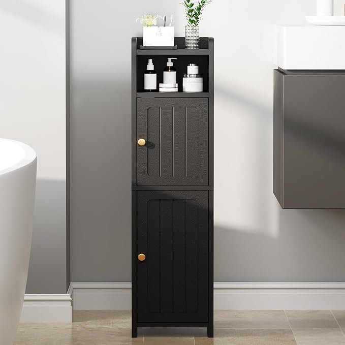 BEWISHOME Small Bathroom Storage Cabinet, 2 Doors Narrow Bathroom Cabinet | Storage Cabinet with Adjustable Shelves, Narrow Toilet Paper Cabinet 7.9"D x 7.9"W x 31.5"H, for Small Spaces, Black YYG03B