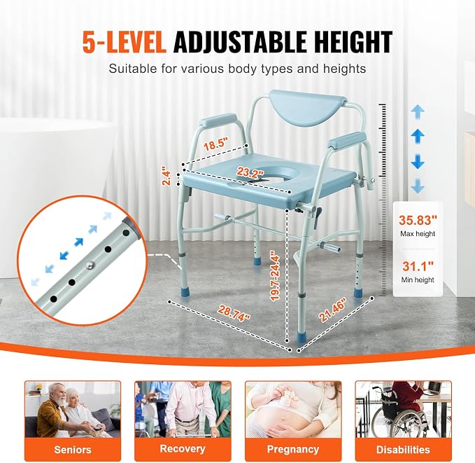 VEVOR Raised Toilet Seat, Adjustable Height with 5 Levels, Drop-Arm Design, Detachable Backrest, 7L Easy-Clean Bucket, Quick Assembly, Support up to 1000lbs, Ideal Bedside Commode for Elderly & Adults