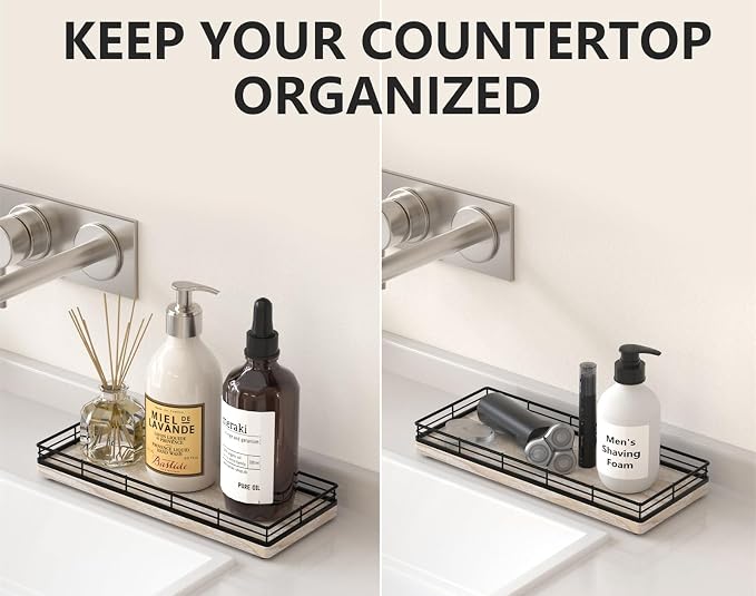 Bathroom Tray for Counter Top Organizer, Ash Wood Vanity Tray | Metal Frame for Dresser, Kitchen & Nightstand, Black & Whitewashed Decorative Storage