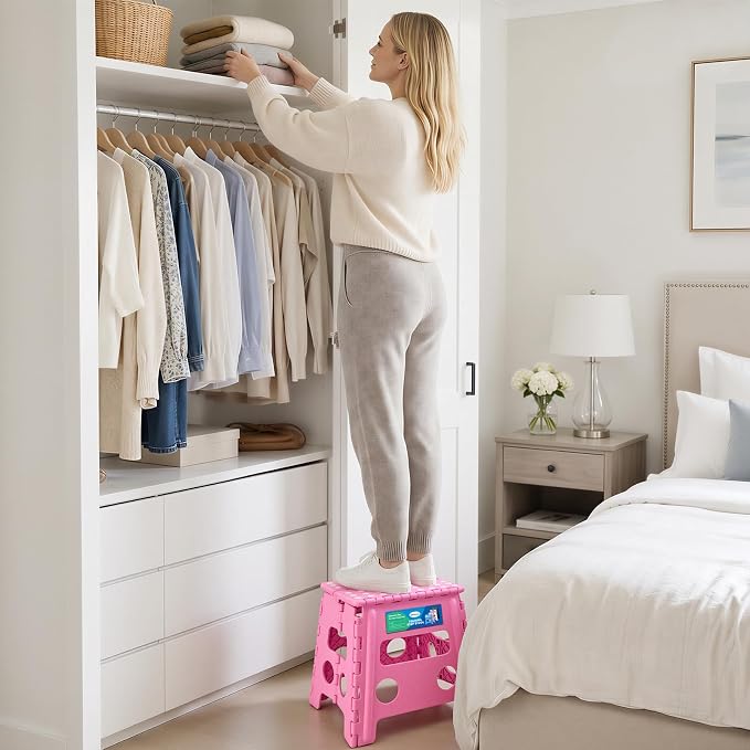Dyforce Folding Step Stool 13 Inch,300lbs Foldable Stool for Adults & Kids | Stepping Stool Pink,Non-Slip Plastic Compact Foot Stool with Carry Handle,Lightweight for Bathroom Kitchen Bedroom Garden