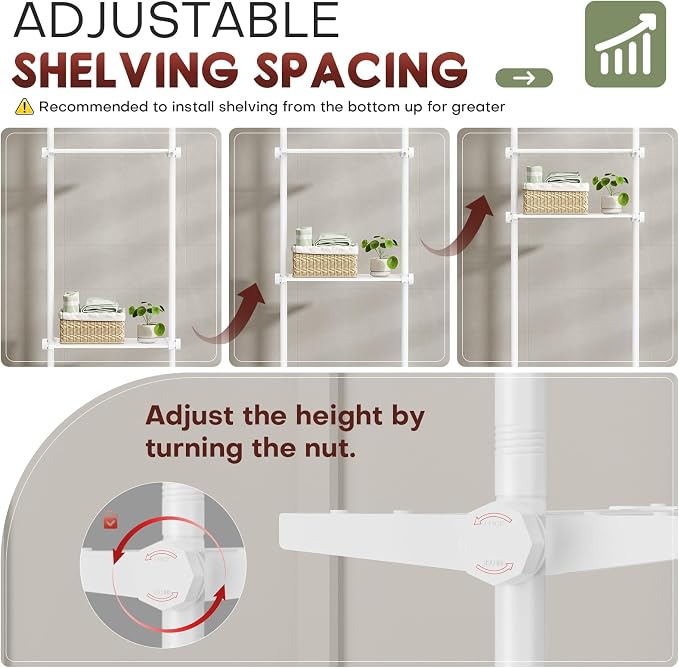 Goovilla Over The Toilet Storage Shelf, 64-124inch(H) 15-27inch(W), White | 4 Tier Bathroom Organizer Shelves with Adjustable No Drilling Tension Mounting, Space Saver Bathroom Shelf Rack Above Toilet