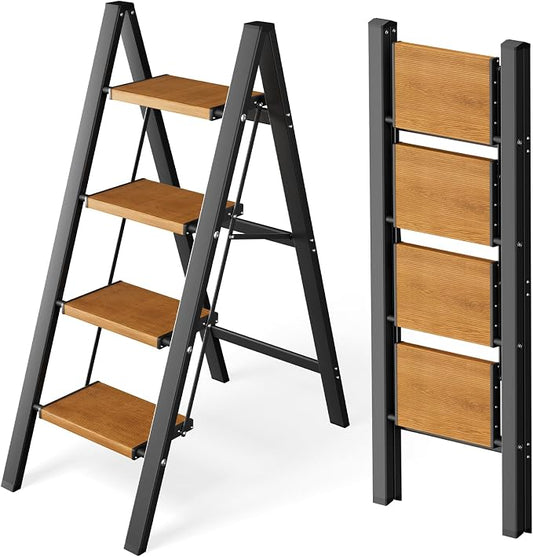 Taranta 4 Step Stool Foldable,Aluminum Step Ladder-BlackWoodgrain | Lightweight,Wide Anti-Slip Pedals,Folding Step Stool,330lbs Capacity Stepladder for Household,Kitchen,Office