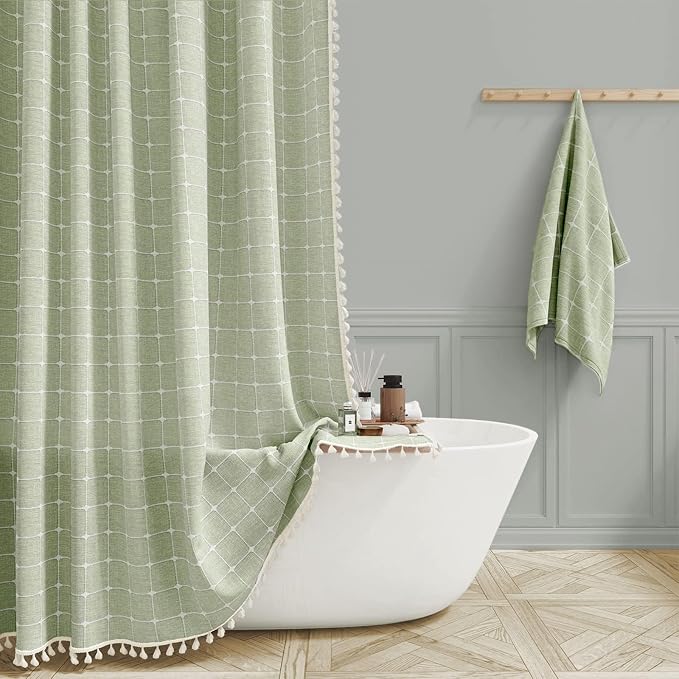48x72 Boho Farmhouse Linen Heavy Duty Shower Curtain Set, Sage Green | Stall Size, 330GSM Linen Blend, 3-side Tassels, Water Repellent Fabric, 8 Plastic Hooks, Rustic Bohemian, Machine Washable