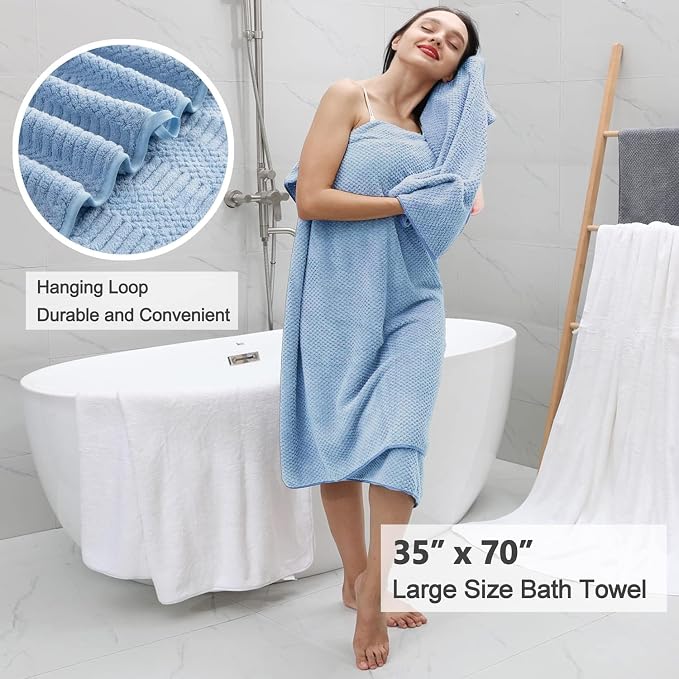 8 Pcs Blue Oversized Bath Towel Set-2 Extra Large Bath Sheets,2 Hand Towels,4 Washcloths Soft Bathroom Towels Highly Absorbent Quick Dry Beach Chair Towels Woven Towels for Hotel and Spa