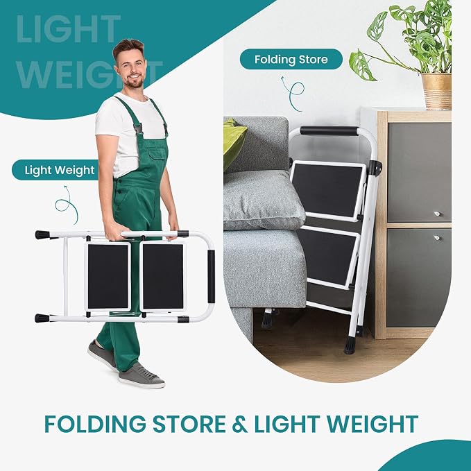 OLIXIS 2 Step Ladder, 330lbs Foldable Step Stool with Anti-Slip Pedal | Heavy Duty Portable Stepping Stool with Sturdy Steel Ladder & Comfortable Handrail, for Kitchen, Garage, Outdoor Use - Black