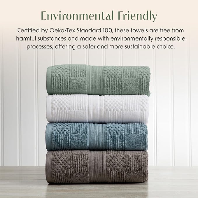 100% Cotton Bath Towel Set | 4-Pack | Textured | Green | Luxury Geometric Design | Absorbent & Quick-Dry Bathroom Towels | Textured and Durable Cotton Towels for Bathroom | OEKO-TEX