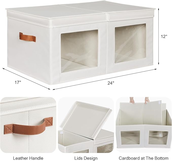 Univivi Large Fabric Storage Bins with Lids for Clothes 2 Pack, Beige | 24 x 17 x 12 In Foldable Storage Boxes with Handles, Clear Window, Closet Organizers for Home, Bedroom