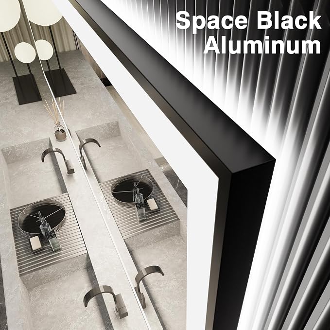 EchosLife 28x32 LED Bathroom Mirror - Black Aluminum Framed | Black Frame, Front and Backlit, Anti-Fog, Stepless Dimmable, 3 Colors, Memory, Tempered Glass, UL Listed, Horizontal/Vertical