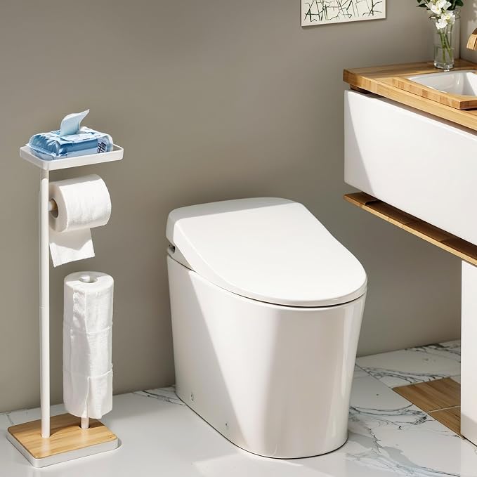 Clasin Home Toilet Paper Holder Stand, Free Standing Toilet Paper Holder with Storage and Top Shelf, White Toilet Paper Stand Weighted Base with Bamboo Design for Bathroom