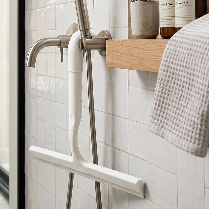 Shower Squeegee for Glass Doors, 10-Inch Silicone, Fishtail Type Hook,White | One-piece Silicone, Fishtail Hook, Non-slip Grip and Quiet Glide for Shower Glass, Tile, Mirrors, Windows and Car Glass