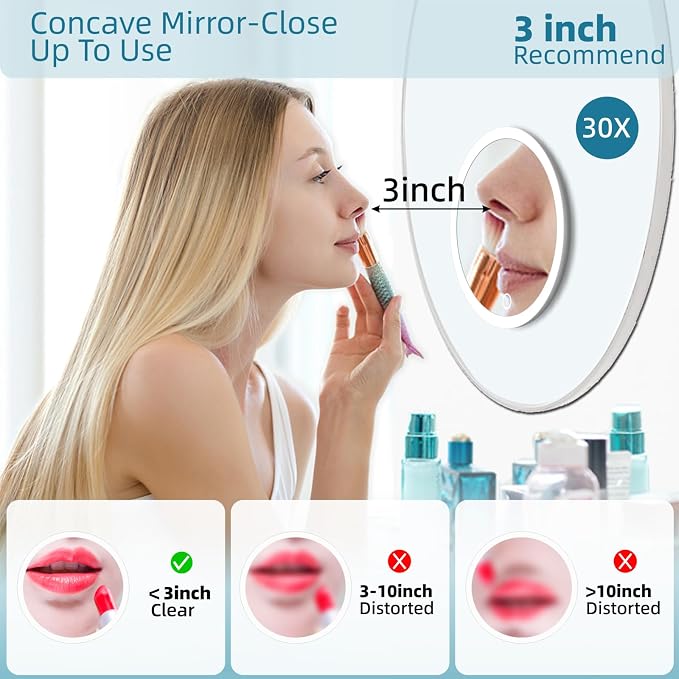 30X Concave Magnifying Mirror with Lights, 3 Suction Cups for Wall Mounting | 6inch Travel Size Magnified Mirror with 3 Color Dimmable Light, 30X High Magnification Makeup Mirror with Tweezers & Scissors