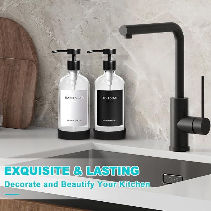 RYTOXILO Clear Soap Dispenser 2 Pack, Glass Soap Dispenser with Stainless Steel Pump, 16.9 Fl oz Refillable Kitchen Hand and Dish Soap Dispensers Set, Modern Clear Soap Lotion Dispensers Bottle