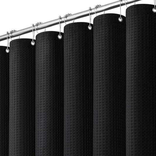 Long Waffle Shower Curtain 256 GSM Heavy Fabric 72x80 Black | 80 Inch Long, Thick Polyester Cloth, Weighted Hem, Water Repellent, Washable, Tall Hotel Bathroom Shower Curtain Set 12 Hooks