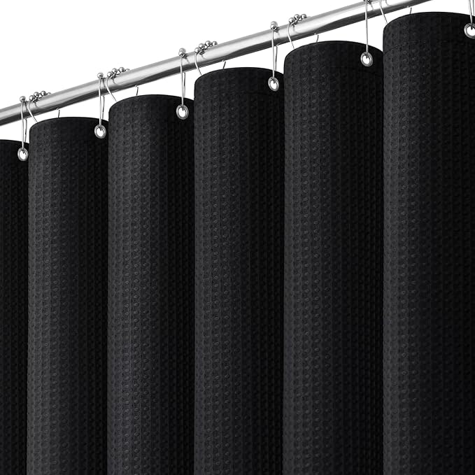 Stall Waffle Shower Curtain 256 GSM Heavy Fabric 36x72 Black | Narrow Half Size, Thick Polyester Cloth, Weighted Hem, Water Repellent, Washable, Hotel Bathroom Shower Curtain Set 6 Hooks