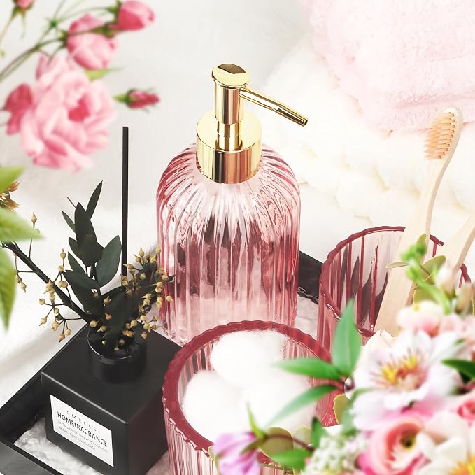 Designer Pink Glass Bathroom Accessories Sets - 4 Pcs with Lotion Soap Dispenser, Bathroom Toothbrush Holder, Vanity Tray, and Apothecary Jar, Vintage Bathroom Decor