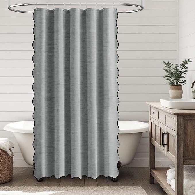 Boho Scalloped Linen Textured Cloth Shower Curtain, 60x84, Grey/Gray | Narrow Long Size, 230GSM Waterproof Polyester, Heavy Duty Fabric, 10 Plastic Hooks, Modern Farmhouse Style, Machine Washable