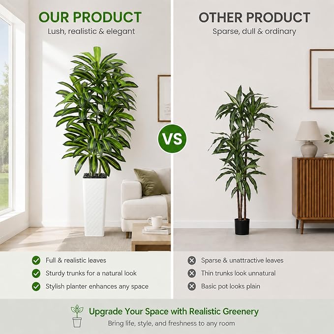 Artificial Dracaena Tree Indoor, 7FT Tall Fake Floor Plants with White Planter & Pebbles, Faux Silk Yucca Tree for Home Office Living Room Bedroom Farmhouse Modern Outdoor Topiary Tree