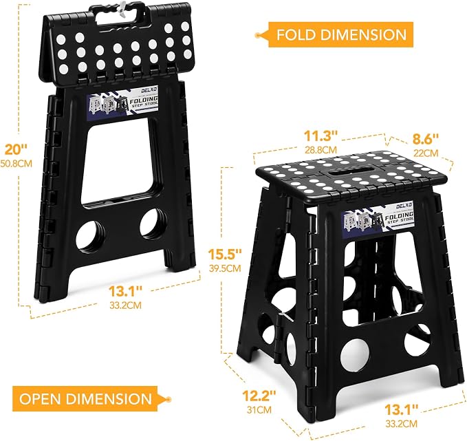Delxo 16 Inch Folding Step Stool,Foldable Step Stool for Adults Black | Step Stool with Safety Lock,Portable Collapsible Step Stool,Non-slip Folding Stools for Kitchen Bathroom Bedroom Garden 1PC