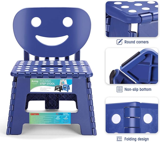 Folding Step Stool with Back Support for Kids,9" Kids Step Stool for Outdoor or Indoor Kitchen Step Stools and Bathroom Stool for Toddlers Boys Girls - Royal Blue