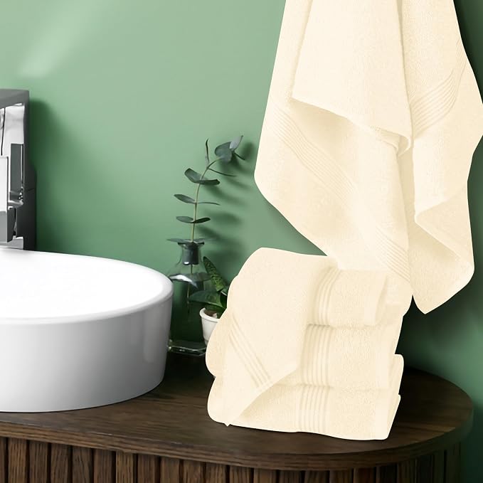 Ultra Soft 6 Pack Cotton Towel Set, Contains 2 Bath Towels 28x55 inch, 2 Hand Towels 16x24 inch & 2 Wash Coths 12x12 inch, Ideal for Everyday use, Compact & Lightweight - Ivory