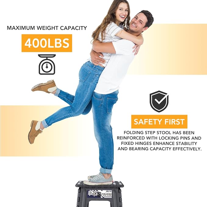 Delxo 16 Inch Folding Step Stool,Foldable Step Stool for Adults Dark Grey | Step Stool with Safety Lock,Portable Collapsible Step Stool,Non-slip Folding Stools for Kitchen Bathroom Bedroom Garden 1PC
