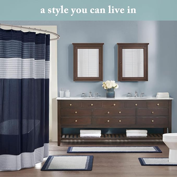 Madison Park Bathroom Shower Curtain, 72 x 84 Extra Long, Faux Silk, Blue | Modern Classic, Light Sheen, Pieced, Striped, Microfiber, Machine Washable, OEKO-TEX Certified, Amherst