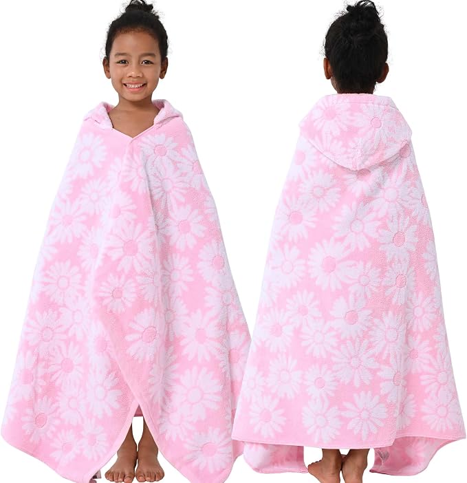 VOOVA & MOVAS Toddler Hooded Towel Wrap, 3-10 Years, 100% Cotton,Daisy | Romantic Daisy Jacquard Pattern, Premium Turkish Fabric, Silky Soft Feel, Works for Bath, Beach, Pool and Daily Swimming