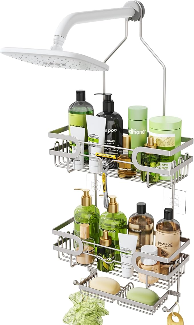 HapiRm Bathroom Hanging Shower Caddy - Rustproof Shower Shelf with 12 Hooks and 2 Soap Holders, No Drilling Bathroom Organizers and Storage - Brushed Nickel