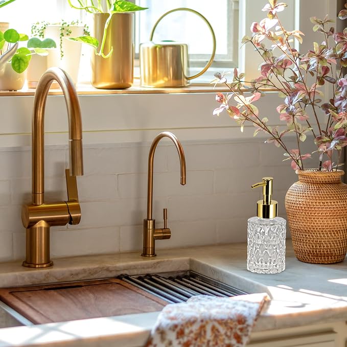 Soap Dispenser Bathroom, Glass Hand Soap Dispenser with Gold Pump | Small Crystal Soap Dispenser for Bathroom/Kitchen Refillable Liquid for Dish Soap,Hand Soap,Essential Oil & Lotion
