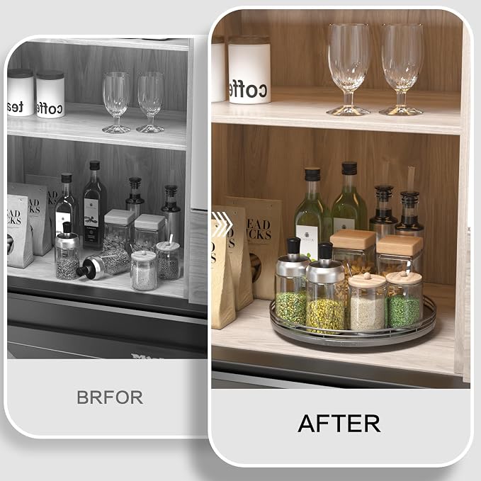 Oroyutor 12-Inch Oak Lazy Susan Decorative Tray with Silver Metal Rail | Rotating oak tray organizes spices, toiletries and decor on kitchen counters, bathroom vanities, dining and coffee tables.