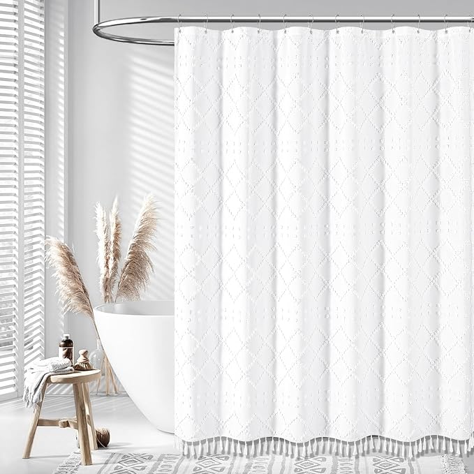 Stall Boho Farmhouse Shower Curtain Tufted Geometric 54"x72" White | 54 Inch Wide, Elegant Tassel, Lightweight Textured Fabric, Water Repellent, Washable, for Narrow Bathroom/Dorm 10 Hooks