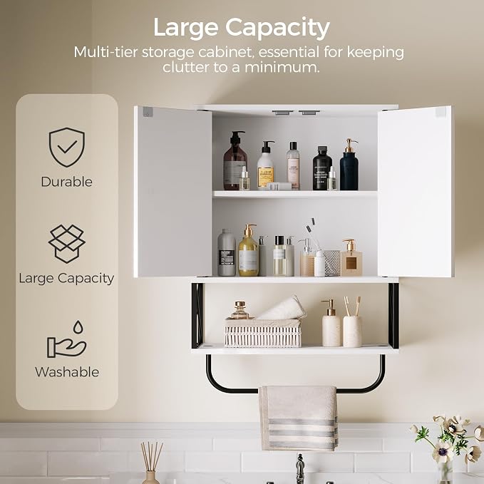 MAHANCRIS Bathroom Wall Cabinet with 2 Door and Adjustable Shelf, Farmhouse Medicine Cabinet with Towel Rack, 3-Tier Wall Mounted Storage Cabinet Over The Toilet for Bathroom, 18.9" L, White