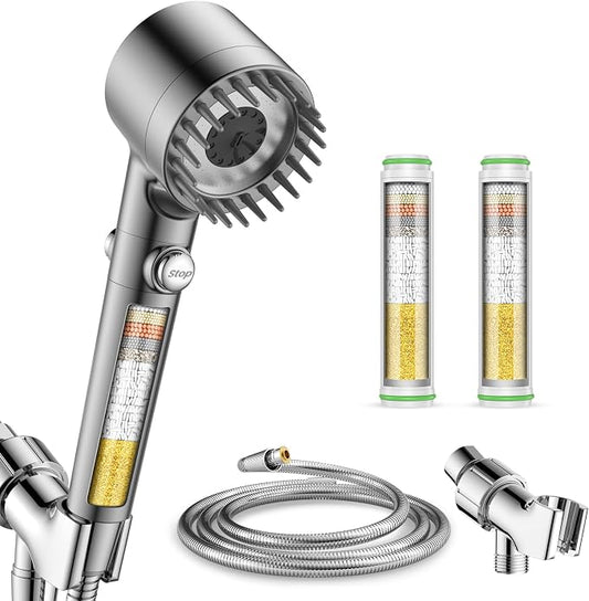 Filtered Shower Head with Handheld 2PCS Filters ShowerHead | 4 Spray, High Pressure Shower Heads with ON/OFF Button, Water Softener for Hard Water, 70" Hose, Remove Chlorine