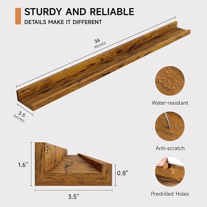 Fun Memories Picture Ledge Shelf, 36 Inch Floating Shelves Set of 2, Nursery Book Shelves for Storage, Bookshelf Wall Mounted for Wall Decor Books Photo Frames, Rustic Brown