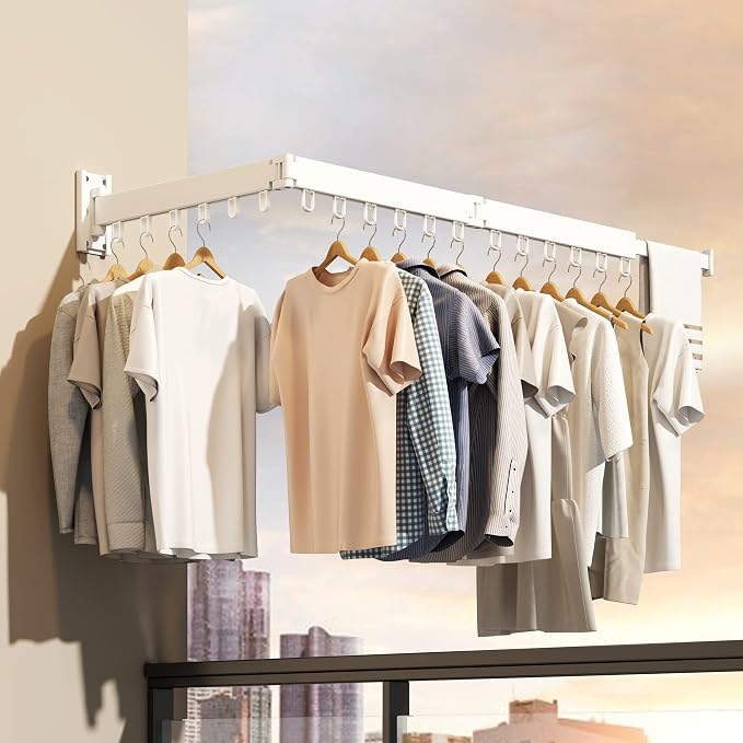 HEILAIYI Clothes Drying Rack,Laundry Drying Rack,Wall Mounted Clothes Rack,Laundry Rack Wall Mount,Folding Retractable Collapsible Drying Rack Clothing (Three-Poles,Loop Hooks,White)