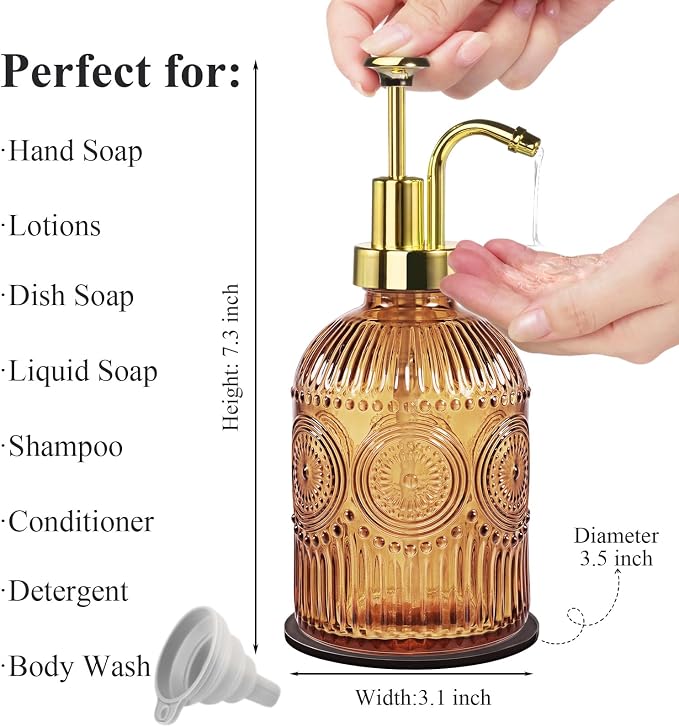 Amolliar 12 Oz Glass Soap Dispenser with Plastic Pump,Brown-Golden,2 Pack | Antique Rustic Hand Liquid Bottle for Bathroom/Kitchen, Vintage/Farmhouse/Boho Style, Pump Dispenser, Refillable