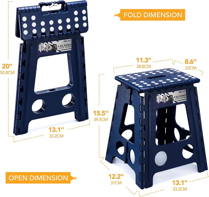 Delxo 16 Inch Folding Step Stool,Foldable Step Stool for Adults Blue | Step Stool with Safety Lock,Portable Collapsible Step Stool,Non-slip Folding Stools for Kitchen Bathroom Bedroom Garden 1PC