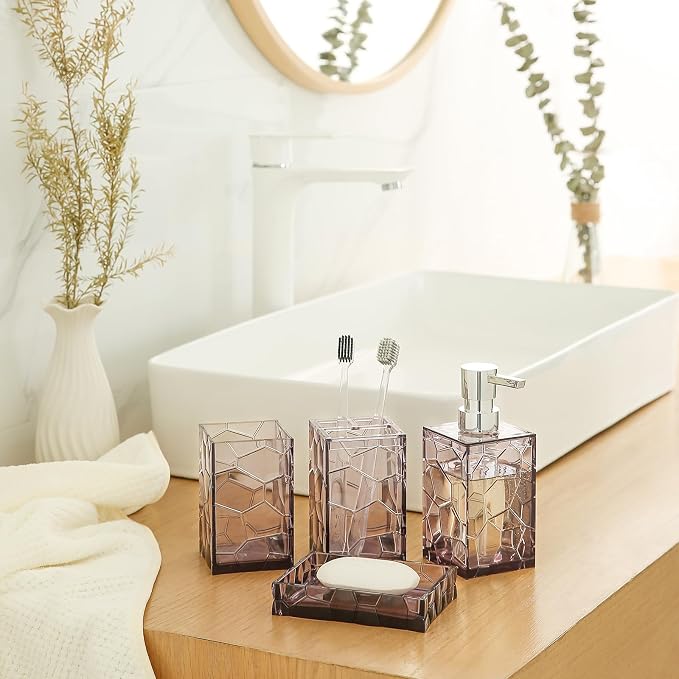 YAUKPH Clear Acrylic Bathroom Accessories Set | Includes Soap Dispenser Toothbrush Holder Cup Soap Dish and Toilet Brush 5 Piece (Lavender Purple)