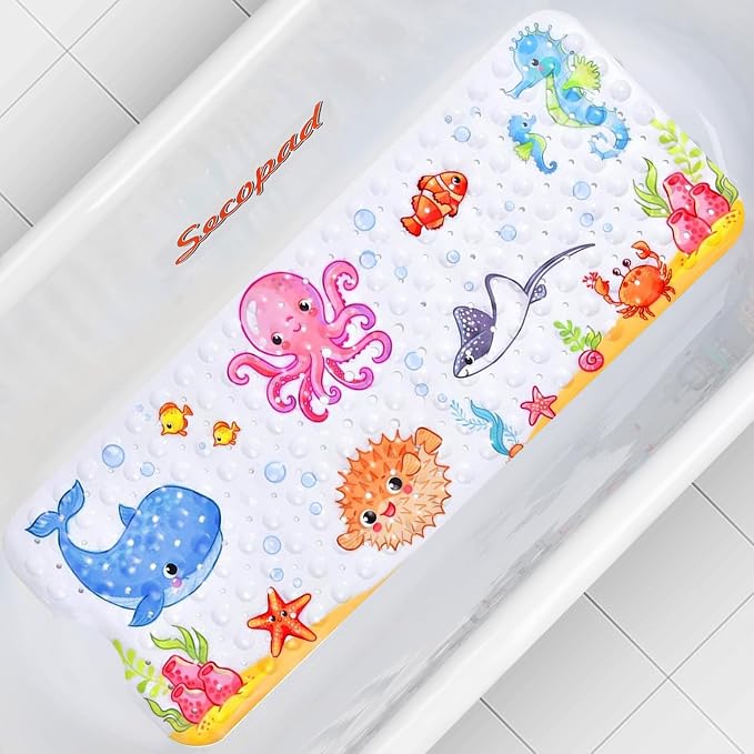 Secopad Bathtub Mat Non Slip, Cute Bath Tub Mat, 40" x 16", Pink Octopus | Rectangular, Anti-Slip, Machine Washable, with Drain Holes and Suction Cups,For Bathtub and Shower Floor, for Toddler & Kids