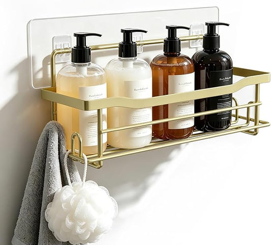 Shower Caddy Shelves Organizer Rack, Single Pack Shower Shelf, Caddies for Shampoo Soap Bathroom Waterproof Adhesive Holder, No Drilling Wall Mounted Self, Matte Gold