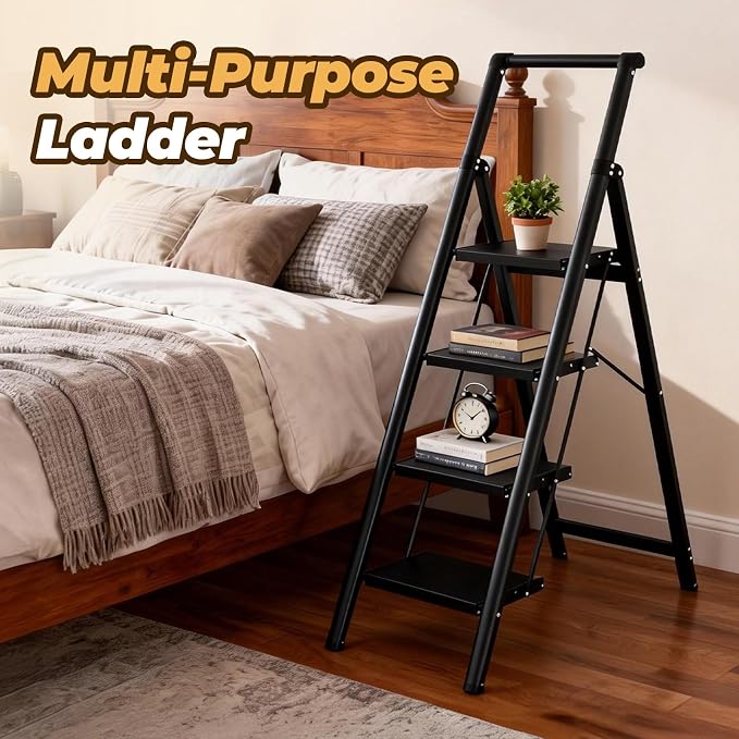 HBTower 4 Step Ladder, Lightweight Aluminum Folding Step Stool | Anti-Slip Wide Pedal, 330lbs Capacity Step Ladder for Household Kitchen Office, Black