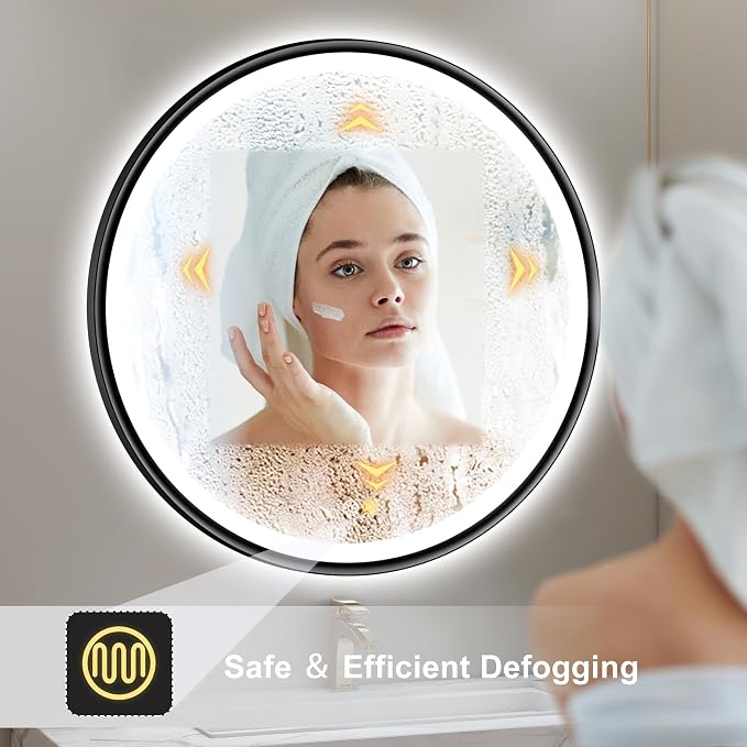 S'bagno 24'' Round Black LED Mirror for Bathroom with Frontlit & Backlit, Metal Frame, Anti-Fog, Stepless Dimmable, 3 Colors Temperature Vanity Mirror