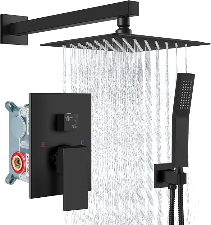 Aolemi Shower Faucet Set with Handheld Matte Black 8 Inch Head | Pressure Balance Shower Valve and Trim Kit,SUS304 Rain Head and Handle System,All Metal,Wall Mount,Bathroom,Handheld Spray